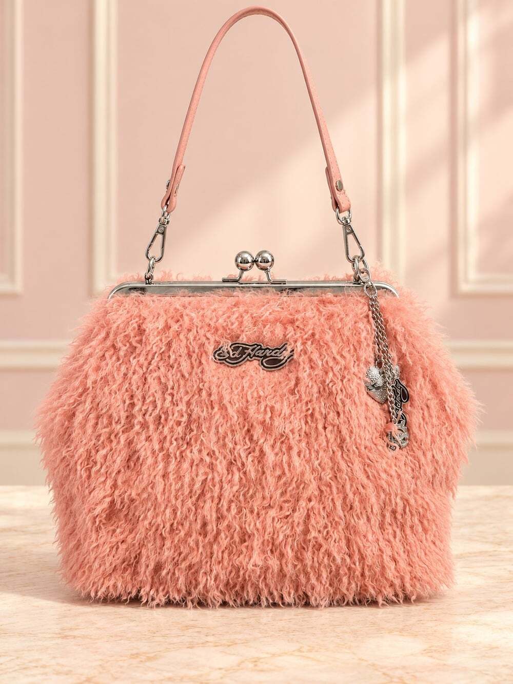 New NWT Pink Ed Hardy Kiss Lock Fur Clutch Bag Tote Purse W/ Charm